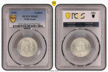 Koningin Juliana zilveren 1 gulden 1955 MS62 PCGS, 1 gulden, Koningin Juliana, Verzenden, Zilver
