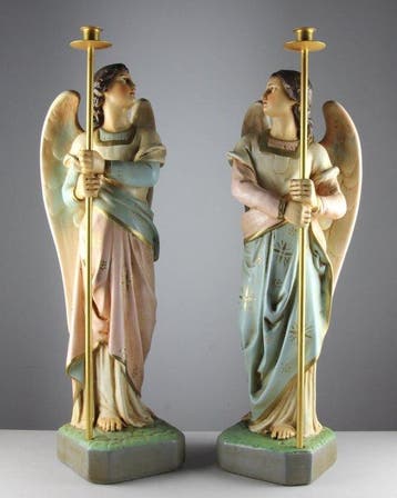 Beeld, Church Angels Holding Candlesticks - 67 cm - Gips, Antiek en Kunst