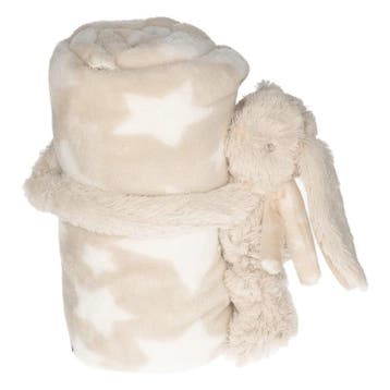 Beige babydeken met konijnenknuffel - sterrenprint - 100x75, Verzenden, Nieuw