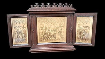 Neogotisch houten drieluik - 34 cm - Hout, Glas, Papier -, Antiek en Kunst