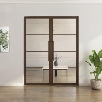 Dubbele stalen taatsdeur - 4 Vlaks - Brons - Helder glas*, Minder dan 80 cm, Overige typen, Nieuw, Metaal