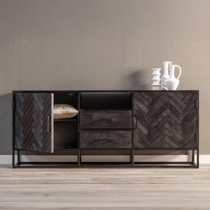 Dressoir Mangohout Kjeld 180 Zwart, Huis en Inrichting, Kasten | Dressoirs, Nieuw, Overige houtsoorten, Verzenden
