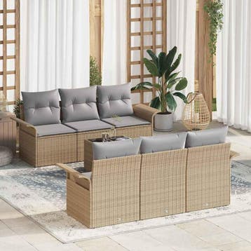 vidaXL Tuinbankenset 7 st Beige en Grijs poly rattan, Verzenden, Nieuw, Rotan, 7 zitplaatsen