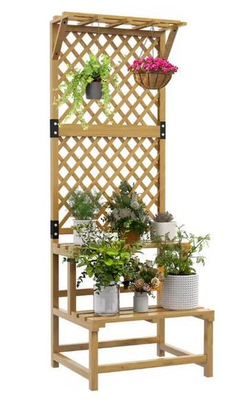 Houten Plantenstandaard 2 Niveaus met Trellis voor Klimplant, Verzenden, Nieuw