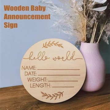 Houten Geboorte Aankondiging Bordje 'Hello World' - Fotoprop, Huis en Inrichting, Woonaccessoires | Memoborden, Verzenden, Nieuw
