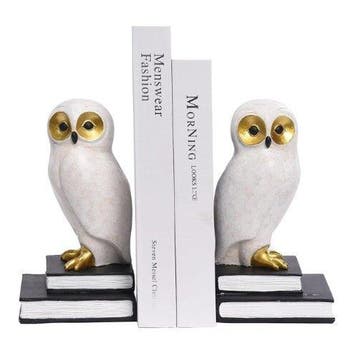 sculptuur, Pair of Wise Snow Owl Bookends – White & Gold