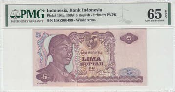 1968 Indonesia 5 Rupees Pick 104a Pmg Gem Unc 65 Epq, Verzenden