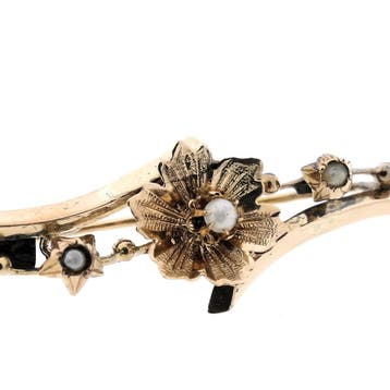 Vintage gouden bloemenbroche met parel, Sieraden, Tassen en Uiterlijk, Broches, Gebruikt, Ophalen of Verzenden, Met edelsteen
