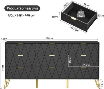 Commode - Dressoir - Ladekast - 150x34x74 cm - Zwart - UEV, Huis en Inrichting, Kasten | Dressoirs, Verzenden, Zo goed als nieuw