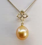 Hanger 11x12mm diepe gouden South Sea parel oorbel - 14 kt., Sieraden, Tassen en Uiterlijk