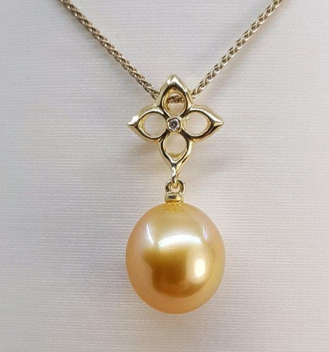 Hanger 11x12mm diepe gouden South Sea parel oorbel - 14 kt., Sieraden, Tassen en Uiterlijk, Antieke sieraden
