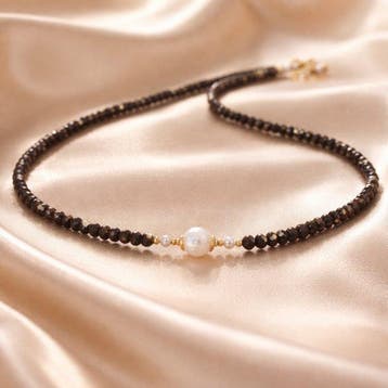 Parel - Zilver - Halsketting - Akoya parels, obsidiaan