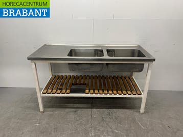 RVS Spoeltafel Dubbele Spoelbakken met onderschap 160 cm, Ophalen of Verzenden, Gebruikt