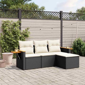 vidaXL 4-delige Loungeset met kussens poly rattan zwart, Verzenden, Nieuw, Loungeset
