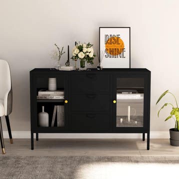 vidaXL Dressoir 105x35x70 cm staal en gehard glas zwart, 100 tot 150 cm, Verzenden, Nieuw, Metaal