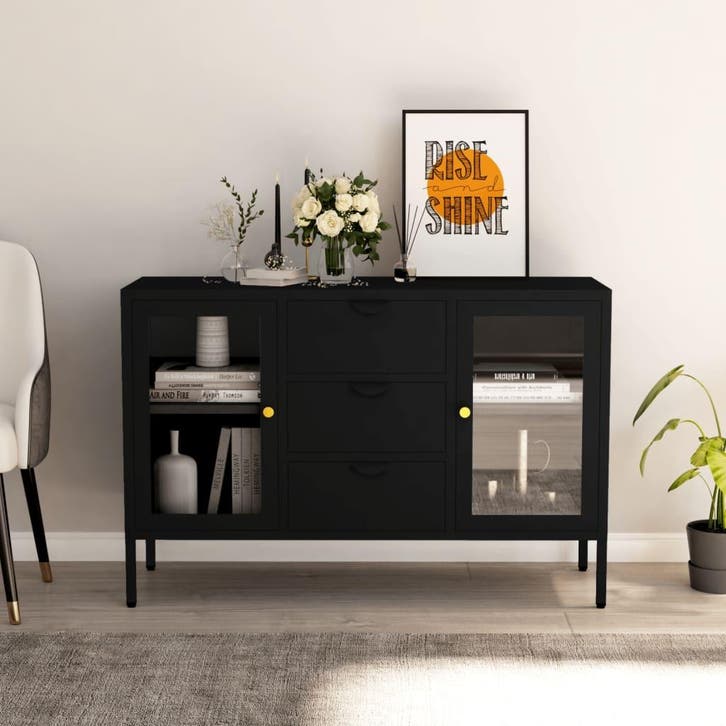 vidaXL Dressoir 105x35x70 cm staal en gehard glas zwart, Huis en Inrichting, Kasten | Dressoirs, 25 tot 50 cm, Nieuw, 100 tot 150 cm