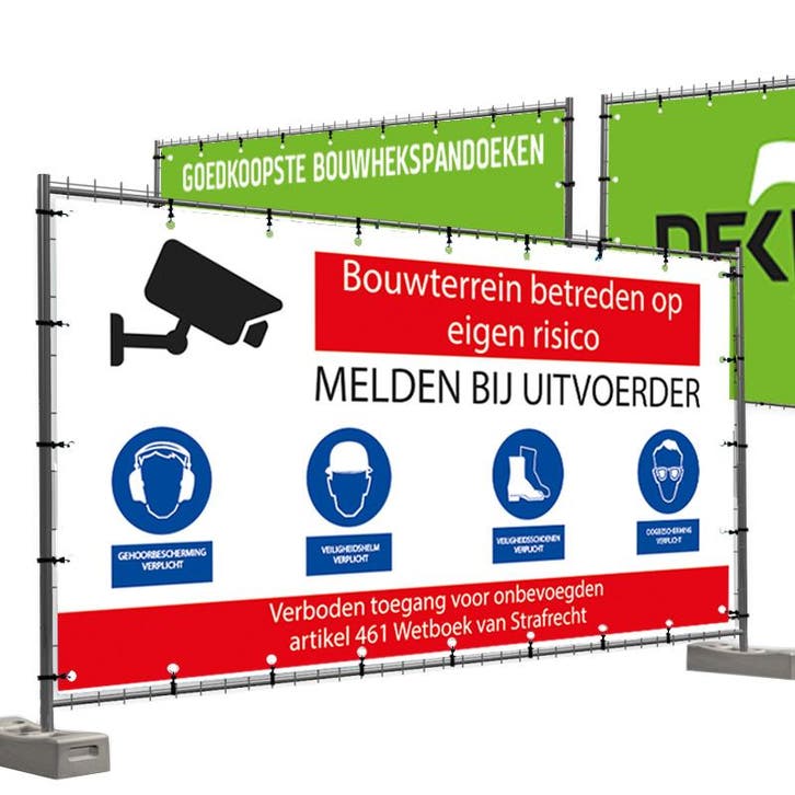 Bouwhekdoeken bouwplaatsregels ontwerp 1 335x174 cm, Diversen, Vlaggen en Wimpels, Nieuw