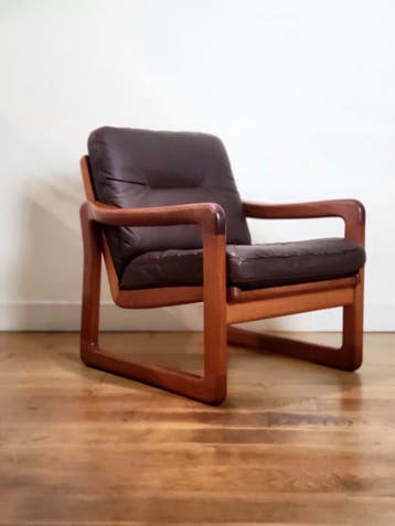 Set van 2 vintage fauteuils van EMC Furniture in teak en lee, Ophalen, Gebruikt, Leer, Vintage design, Deens design Mid century Modern, Space Age
