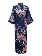 KIMU® Kimono Donkerblauw 3/4 M-L Yukata Satijn Onder de Knie, Ophalen of Verzenden, Nieuw, Maat 38/40 (M), Carnaval