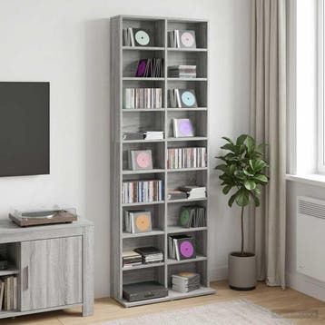 vidaXL CD Kast Grijs Sonoma 65 x 23,5 x 175 cm Bewerkt hout, Huis en Inrichting, Woonaccessoires | Cd- en Dvd-rekken, Verzenden
