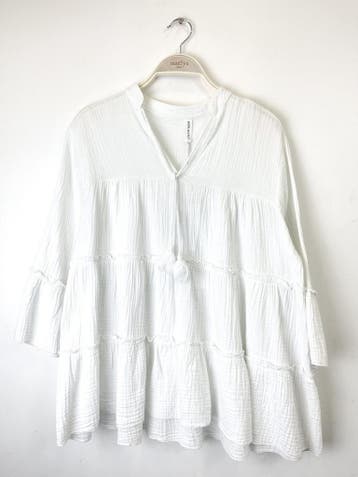 Katoenen blouse met volants - uitlopende mouwen - ronde, Nieuw