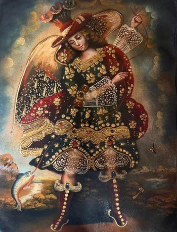 Cuzco school (XX) - Archangel Raphael With Fish - 31 x 41 cm