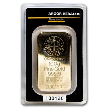 100 gram goudbaar - Argor-Heraeus Kinebar (met certificaat), Verzenden, Goud