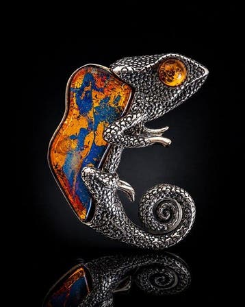 Unieke CHAMELEON BLUE BALTIC AMBER hanger - Sterling Zilver