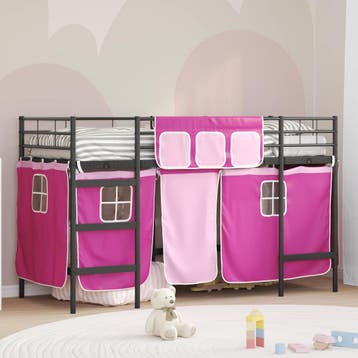 vidaXL Bunkbed voor kinderen met gordijnen Zwart en Roze 100, Verzenden, Nieuw, Zwart, Metaal