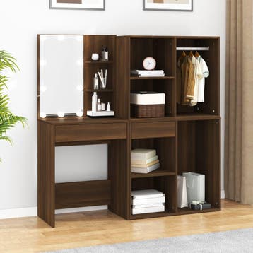 vidaXL Kaptafel met kastjes LED bewerkt hout bruin, Verzenden, Nieuw
