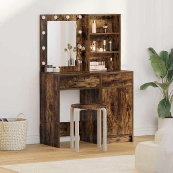 vidaXL Make-up tafel set met LED 2 st Gerookt eiken Bewerkt, Verzenden, Nieuw
