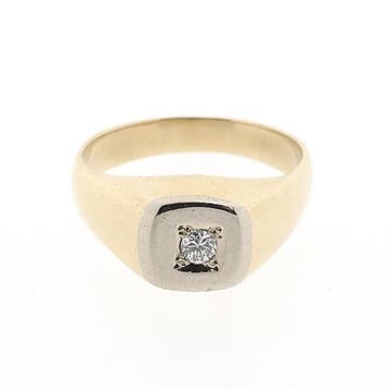 Bicolor gouden zegelring met diamant 0,09 ct., Sieraden, Tassen en Uiterlijk, Ringen, Gebruikt, 19 tot 20, Heer, Ophalen of Verzenden