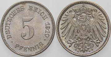 5 Pfennig 1910 E Kleinmunten-kaiserreich Grosser Adler, Verzenden