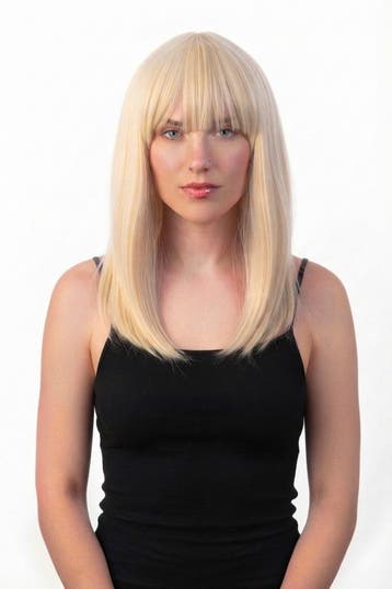 KIMU® Luxe Blonde Pruik Schouderlengte Haarrwerk Stijl Pony, Ophalen of Verzenden, Nieuw, Carnaval