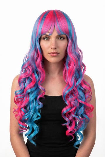 KIMU® Luxe Lange Pruik Roze Blauw Krullen Pony Gekleurde Uni, Kleding | Dames, Carnavalskleding en Feestkleding, Ophalen of Verzenden