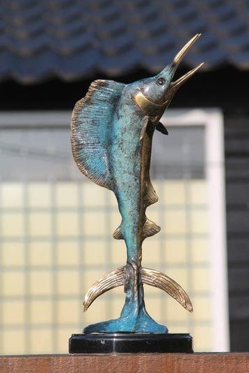 sculptuur, marlijn bronzen beeld - 38 cm - brons marmer, Antiek en Kunst