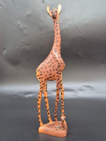 sculptuur, Dekorative Holzfigur Giraffe mit Jungtier –