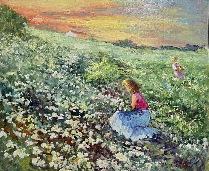 École valencienne (XX) - Au milieu des marguerites, Antiek en Kunst, Kunst | Schilderijen | Klassiek