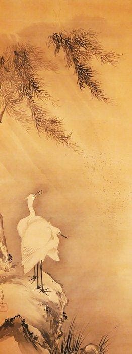 Very fine painting Pair of Egrets under Willow, signed -