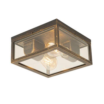 Vintage plafondlamp antiek goud IP44  2-lichts - Charlois, Verzenden, Nieuw, Aluminium