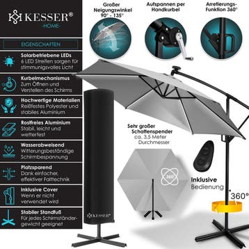 KESSER® Zweefparasol met voet - LED - Ø3m - 360° Draaibaar, Verzenden, Zo goed als nieuw