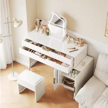 Witte Make-uptafel met LED-Verlichting en Ruime Lades, Verzenden, Nieuw