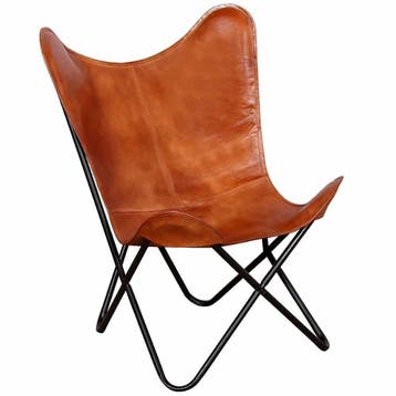 Vlinderstoel Echt Leer Bruin - Retourdeal 34% Korting, Bruin, Vintage, Nieuw, Leer