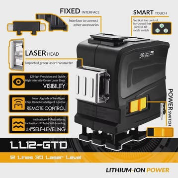 DEKO LL12-GTD 3D Laser Waterpas - 12 Groene Lijnen, Afstands, Verzenden, Nieuw