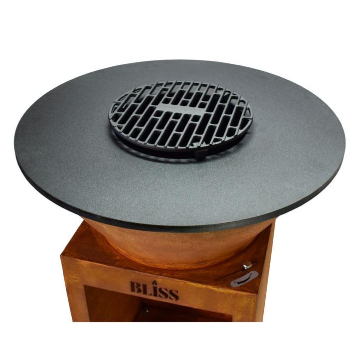 BLISS Plancha Ø72 – Extra dikke cortenstale basis (4-5 mm), Tuin en Terras, Houtskoolbarbecues, Met accessoires, Nieuw, Verzenden