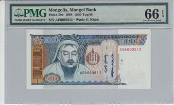 1998 Mongolia 1000 Tugrik Pick 59c Pmg Gem Unc 66 Epq, Verzenden