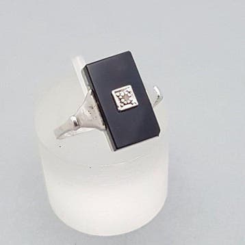 Zilver, Art Deco, Diamant(Getest) + Onyx - Ring