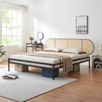 Metalen bed Linköping 180x200 cm zwart en rotan look [en.cas, Verzenden, Nieuw