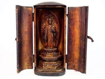 Antique Japanese Wooden Zushi Shrine Enshrining Standing, Antiek en Kunst