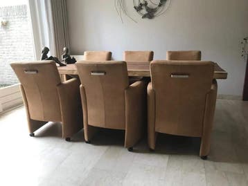 Set leren eetkamerfauteuils met armleuning en wieltjes, Huis en Inrichting, Stoelen, Ophalen of Verzenden, Nieuw, Leer